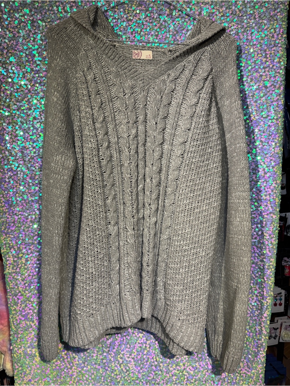 SO Cozy Gray Grey Cable-Knit V-Neck Sweater